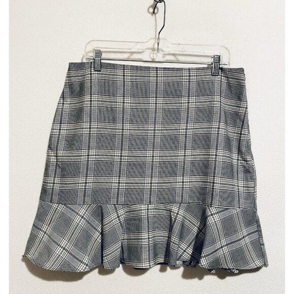LOFT Skirt Womens 12 Gray Plaid Ruffle Hem Mini Academia Preppy Normcore Boho - Picture 2 of 8